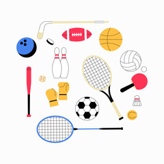 Collection of sports equipment in flat vector illustration symbolizing fitness, physical activity, and healthy lifestyle, isolated on white background.