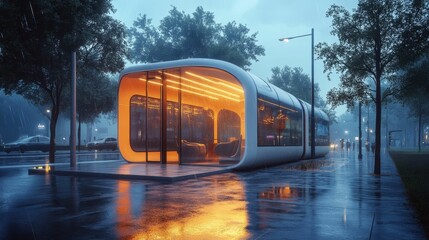 Obraz premium Futuristic shelter, rain-soaked street, warm interior glow.