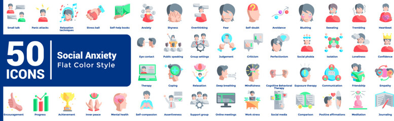 Fototapeta premium Social Anxiety 50 icon set in flat color style