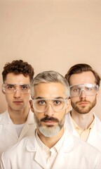 Fototapeta premium Portrait of diverse scientists in laboratory setting. Group of multicultural researchers in white coats, experts in biotechnology and chemistry, collaborative teamwork in modern science. 