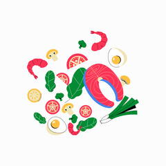 Fresh fish and vegetables in flat vector illustration symbolizing healthy cooking, meal preparation, and seafood, isolated on white background.
