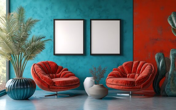 Two red chairs, plant, frames on teal wall, mockup.