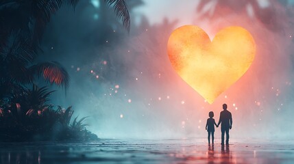 Obraz premium Heart-shaped glow valentine's day celebrate love in a romantic tropical paradise setting