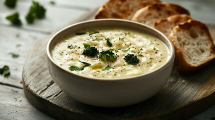 A farmhouse-style presentation of broccoli soup with crusty bread, isolated on a rustic grey wooden surface