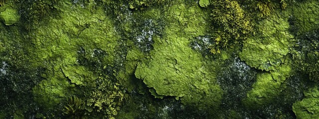 Lush green moss and lichen textured rock surface.