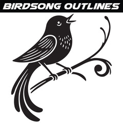 Birdsong silhouette Collared flycatcher, illustration, drawing, engraving, ink, line art, vector.