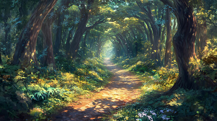 Obraz premium Calm forest path leading into the distance surrounded by tall trees and dappled sunlight creating a magical atmosphere 