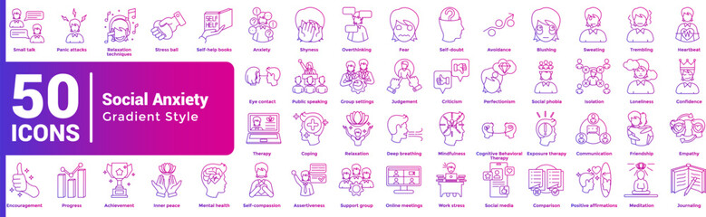 Social Anxiety 50 icon set in gradient style