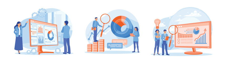 Businessman and colleagues analyze statistical data to improve marketing.