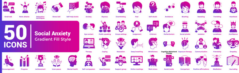 Social Anxiety 50 icon set in gradient fill style