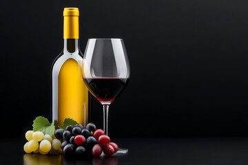 Obraz premium Bottle of wine and a wine glass are on a table with a bunch of grapes. The wine glass is half full and the bottle is half empty