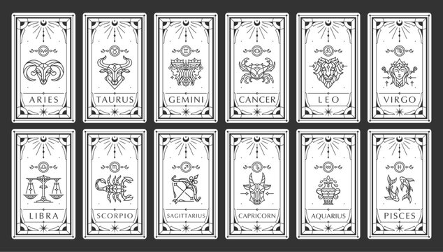 Set of Modern magic witchcraft Ornamental cards with astrology zodiac signs. Zodiac characteristic. Zodiac icons. Vector illustration. Elegant line art symbols and icons of esoteric zodiacal horoscope