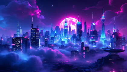 Futuristic Cityscape at Night with Neon Lights and a Large Moon