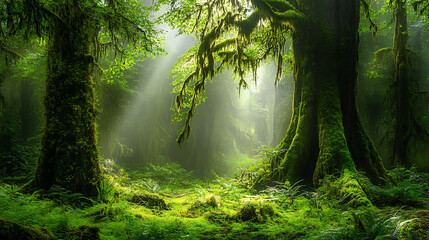 Fototapeta premium Enchanted forest with soft light rays streaming through dense foliage and vibrant moss-covered trees 