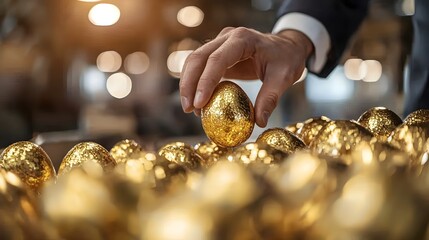Close up shot of a businessman s hand delicately picking up a shimmering golden egg representing the pursuit of wealth success and valuable opportunities  The image conveys a sense of exclusivity