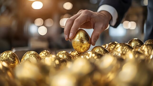 Close up shot of a businessman s hand delicately picking up a shimmering golden egg representing the pursuit of wealth success and valuable opportunities  The image conveys a sense of exclusivity