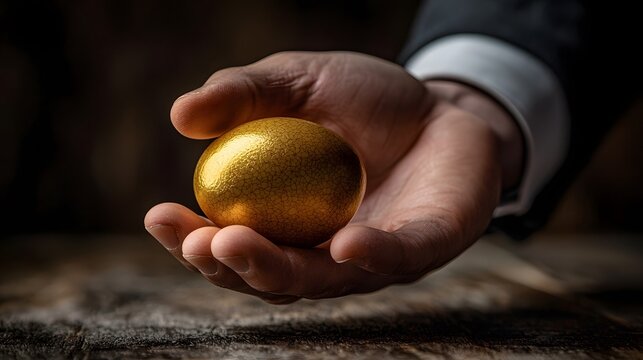 Close up of a businessman s hand gently lifting a brilliant golden egg evoking a sense of wealth prosperity and exclusive access to rare and valuable assets  This image represents the power