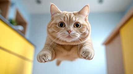 Cat is flying through the air with its eyes wide open. Concept of freedom and playfulness, as the cat leaps into the air with excitement