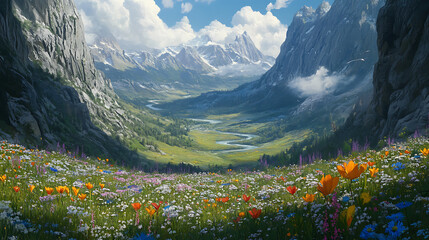 Green valley with a winding river surrounded by rugged mountain cliffs and dotted with wildflowers 