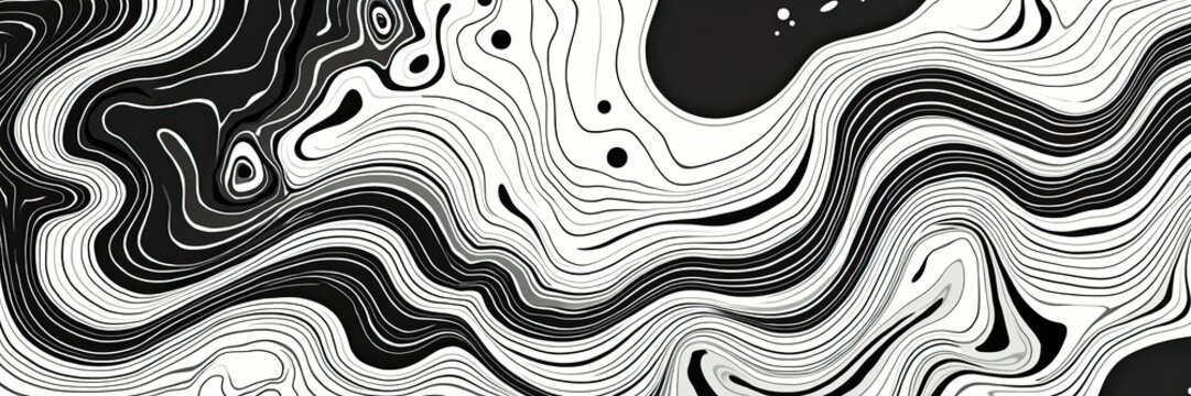 Abstract monochrome topographic lines pattern with floating organic shapes
