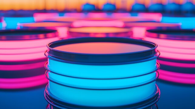 Vibrant Neon Glow of Lighted Buckets at Dusk in an Artistic Scene