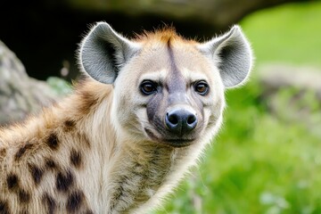 A detailed shot of a hyena with its distinctive spots, standing alert in the bush. 