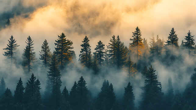 Misty forest with tall pine trees and a soft golden light breaking through the dense fog 