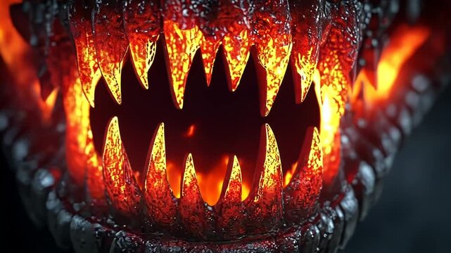 Glowing, fiery maw of a monstrous creature, detailed close-up.