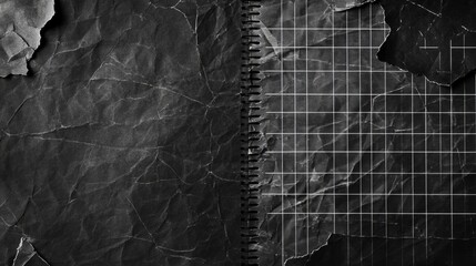Black dusty textured background, sheets of crumpled checkered, dotted, craft paper. Noisy gritty dot halftone effect, retro banner in grunge style, overlay. Torn out notebook pages
