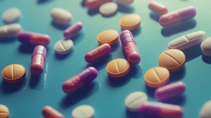 A close-up of various colorful pills and capsules on a reflective surface.