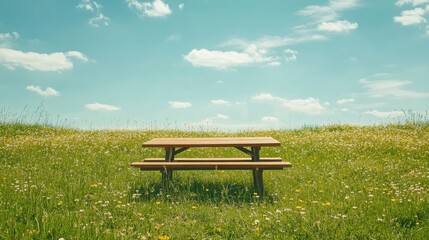 Spring Meadow with Wildflowers and Picnic Bench Under a Blue Sky