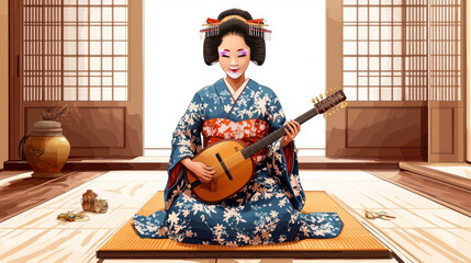 serene woman in kimono plays traditional instrument in tranquil setting