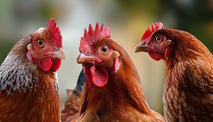 Fototapeta premium three animated chickens looking at each other confused