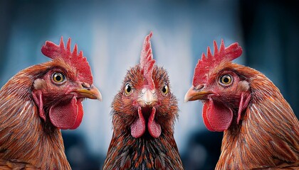 three animated chickens looking at each other confused