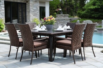 Fototapeta premium Outdoor dining set with brown wicker, rectangular glass-top table, and six chairs, perfect for summer dining by the pool or on the patio.