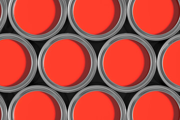 Many red paint cans forming a colorful pattern