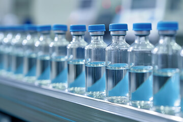 A line of glass vials filled with clear liquid on an industrial conveyor belt in the lab, representing medical research and science innovation concept.

