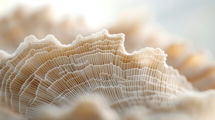 Detailed look at a microscopic shell from the ocean displaying intricate ridges in pale beige and ivory