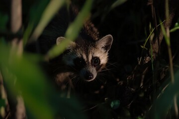Naklejka premium A detailed shot of an African civet cat prowling through the underbrush at night