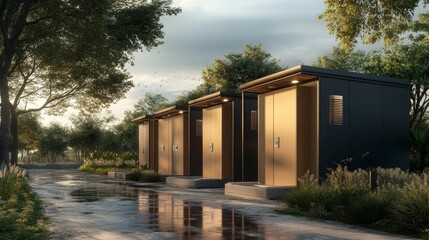 Modern restroom units, landscaped park setting, wet pavement.