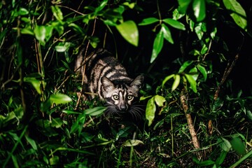 Obraz premium A detailed shot of an African civet cat prowling through the underbrush at night