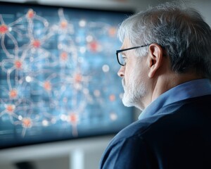 dementia, memory, diagnosis concept. A person analyzing complex data on a digital screen in a modern environment.