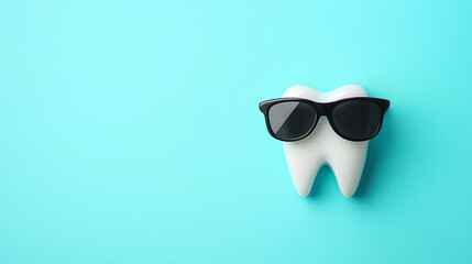 Fun tooth character wearing sunglasses on a blue background promoting dental health awareness and smile confidence