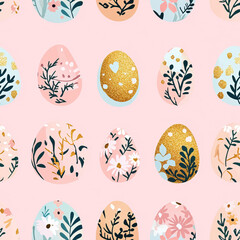 Fototapeta premium Colorful easter eggs with floral and gold patterns on pastel background