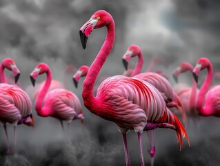Fototapeta premium Vibrant Pink Flamingos Standing Gracefully in a Grayscale Marsh Landscape with Soft Fog, Highlighting Their Unique Beauty and Flamboyant Feathers