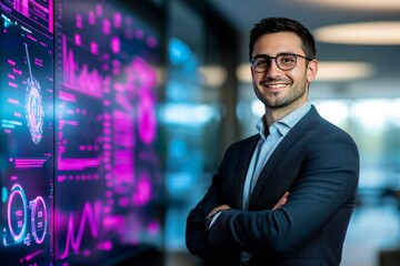 Professional Job Candidate Posing Confidently in Front of Interactive Digital Display with Data Visualizations and Charts in Modern Workspace