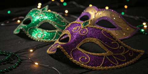 Colorful glittering masquerade masks with string lights on black background