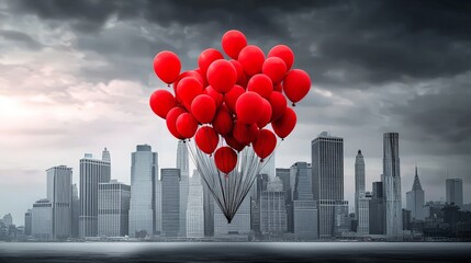A striking contrast between vibrant red balloons and a monochromatic urban skyline, creating a captivating visual narrative of color and atmosphere.