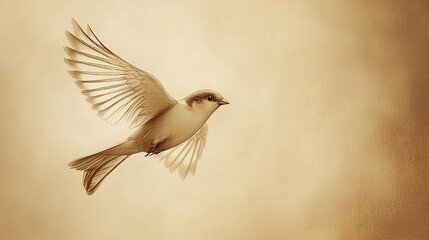 Sepia-toned bird in flight, wings spread wide against a soft, light background.