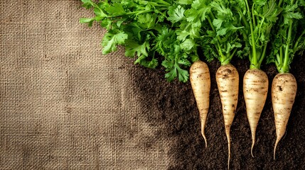 Freshly harvested parsnips with soil and greenery, isolated on a rustic burlap cloth